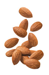Flying and falling almonds isolated on white background