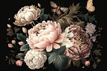 Wall Mural - Beautiful baroque flower arrangement. Garden flowers, leaves, and a butterfly on a dark background. Roses, tulips, and peonies in pastel pink and white. A really high end look and feel. Illustration f