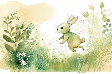 Canvas Print - Cute rabbit hopping through a spring garden in a watercolor Easter invitation for a baby's nursery. Generative AI