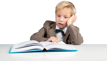 Wall Mural - Cute baby boy with book isolated on white background