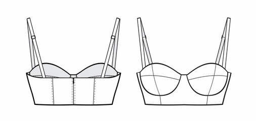 Wall Mural - Women's Corset Bustier Bra Push-Up Bralette. Lingerie with molded cup, and adjustable straps. fashion flat technical drawing template. Bustier Bra Flat template front and back design. Bra Cad mockup
