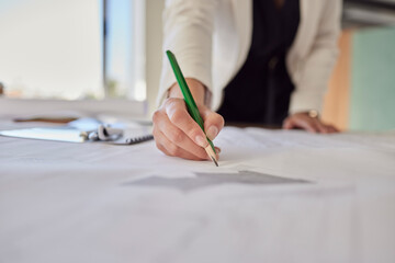 Aufkleber - Architecture, drawing and hand with pencil for blueprint, illustration and engineering mockup on desk. Construction design, floor planning and woman writing for property, building and renovation