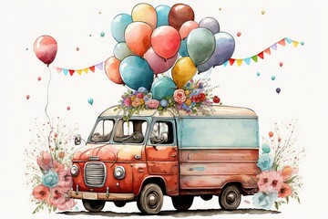 Wall Mural - Flowers and balloons decorate a vintage truck in watercolor. The vehicle is decorated for Valentine's Day. Generative AI