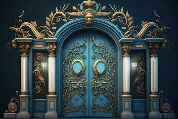 Poster - Classical front door gateway in a blue classic ancient steel old vintage style. Generative AI