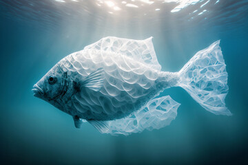 Wall Mural - Ocean plastic pollution. A fish with plastic bag in the ocean. Generative ai