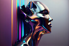 Abstract 3D Render Illustration Of Holographic Human Face In The Wall, Robotic Head Made Of Glossy Iridescent Material. Artificial Intelligence Concept