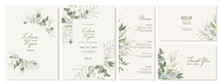 Set Of Rustic Wedding Cards With Green Leaves And Branches. Wedding Invitations And Menu In Watercolor Style. Vector