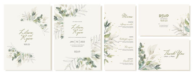 set of rustic wedding cards with green leaves and branches. wedding invitations and menu in watercol