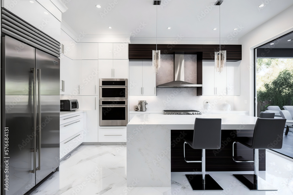 A modern kitchen with a light color scheme, featuring sleek and ...