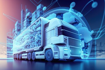Poster - an abstract digital hologram of a logistics center, a delivery vehicle, and a global transportation 