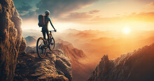 Woman Cyclist Rider In Mountain Bike On Mountain Peak At Sunset. Freedom And Healthy Lifestyle Concepts. Generative Ai