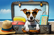 jack russell terrier dog in suitcase in beach. travel and holiday concept. generative ai