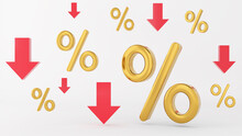 Icons For Decreasing Loan Rates, Interest Rates, And The Gold Percentage ,3d Rendering