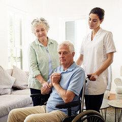 Sticker - Portrait of old man in wheelchair with wife and caregiver at nursing home for disability and rehabilitation. Healthcare, recovery and senior couple with nurse together in house or retirement center.