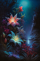 Wall Mural - fantasy landscape with magical flowers in moonlight