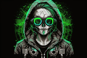 Sticker - A trendy cyberpunk female in a black leather hoodie, safety goggles with green cables. Sci fi human skull with a colorful cross drawn in the pupils. Generative AI