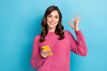 Canvas Print - Photo of charming gorgeous glad lady wear stylish clothes hand demonstrate okey symbol nice quality isolated on blue color background