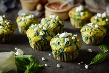 Savory Potato Spinach And Feta Muffins In A Bowl White Stone Background Copy Space. Generative AI