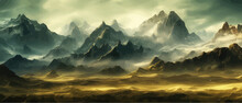 Fantasy Epic Magic Mountain Landscape. Mystical Winter Valley Valley , Panoramic View Of Big Mountains . Mountains Landscape. Rural Nature Background. Hills Horizon