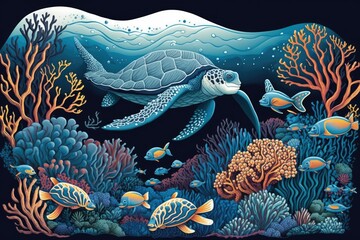 Wall Mural - A vibrant coral reef teeming with marine life, including a sea turtle. Generative AI