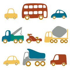 9 cartoon vehicles. Vector isolated children illustration for puzzle, print, kids room decor, stickers, cards.