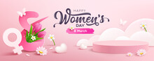 Women's Day 8 March, Presentation Podium And Heart, White Flowers, Butterfly, Concept Design Banner, Pink Background, EPS10 Vector Illustration.
