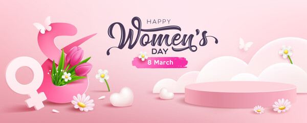 women's day 8 march, presentation podium and heart, white flowers, butterfly, concept design banner,