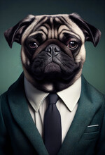 Portrait Of A Dog Pug Dressed In A Formal Business Suit, Generative AI