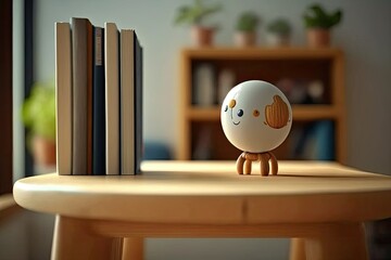 Poster - small globe model on wooden table next to library bookshelf. generative ai