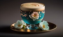  A Cup Of Coffee On A Saucer With Flowers On It.  Generative Ai