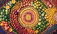 A Painting Of Fruit And Vegetables Arranged In A Spiral Pattern.  Generative Ai