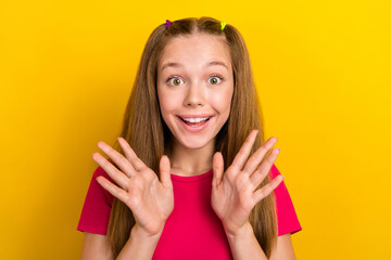 Wall Mural - Portrait of young funky teenager brown hair tails palms shock reaction surprised staring wish desirable present isolated on yellow color background