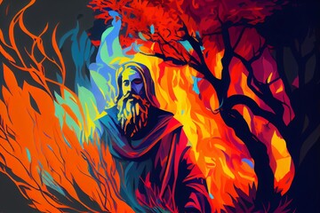 Abstract Art. Colorful Painting Art Of The Biblical Moses And The Burning Bush. Christian Illustration. Generative AI