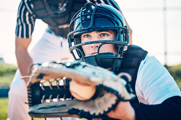 Poster - Baseball, catcher and fitness with man on field for training, umpire and sports competition. Workout, exercise and pitching with athlete playing in park stadium for games, match and wellness