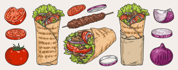 Poster - Gyros kebab set logotypes colorful