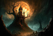Castle with steps, dead tree and large full moon, Halloween, horror. Generative AI