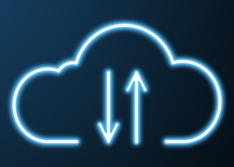 Web hosting service. Glowing neon cloud with arrows illustration on dark background
