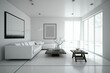 © VisualProduction - Monochrome modern open living room with large windows. Generative AI.