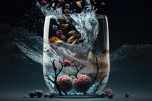 Whimsical Image A Glass Of Water, Water Splashing, Fruits Caught In A Wave, Branches On The Bottom Of A Glass. Generative AI. 