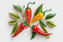 Red Hot Peppers On A White Background; Very Spicy. Script Area For Copying. Taking A Bird's Eye View, Or A Flat Lay. Separated By A White Background And A Clipping Path Are Three Bright Red Peppers. S