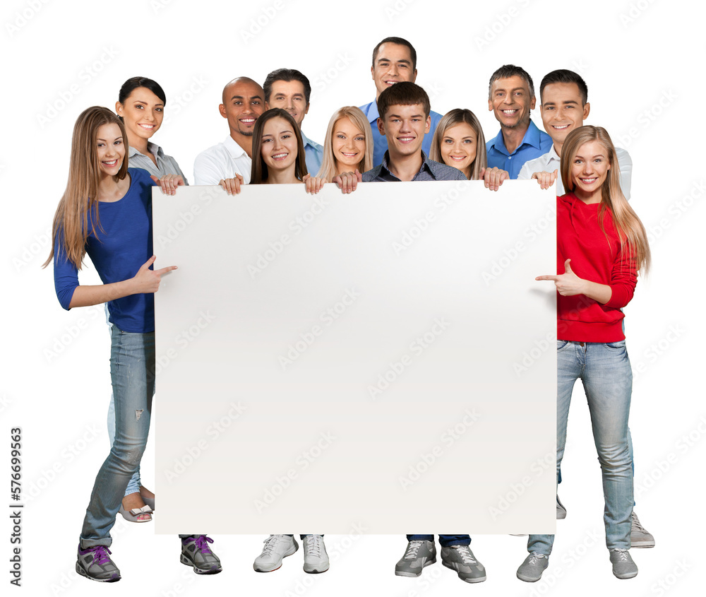 Group of young people holding big empty banner isolated on white ...