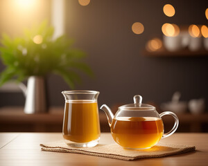 glass cup of spring tea and teapot in a cozy kitchen created with Generative AI technology