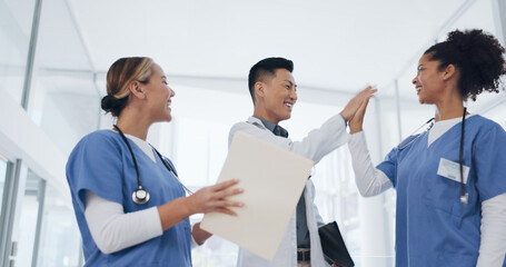 Poster - Doctors, success or celebration and throwing papers in life insurance diversity, medicine goals or healthcare target. Smile, happy or excited people or nurses in clapping, cheering or winner gesture