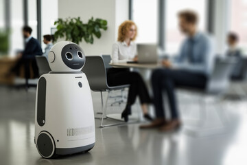 Poster - A robot working in a modern office with real people. Ai artificial intelligence technology at work. Generative ai