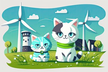 Sticker - Whenever a story needs a cute mother cat and a cuddly kitten, This is a video of two cats having a good time with some toys. Wind power eco green energy, components of wind turbine in grassland on a w