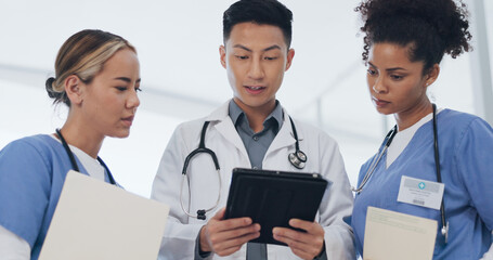 Poster - Asian doctor, nurses and tablet in meeting, surgery planning or low angle feedback in research hospital. Talking, diversity and healthcare people on technology, teamwork and leadership collaboration