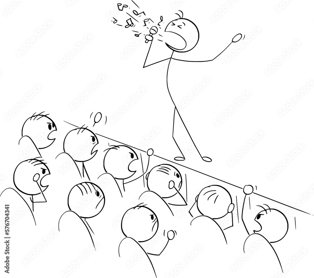 Singer Singing, Audience is Unhappy, Vector Cartoon Stick Figure Illustration
