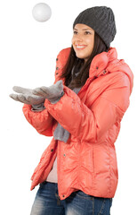 Wall Mural - Young beautiful woman in red winter jacket isolated on white background