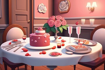 Canvas Print - Valentine's Day dinner with roses and gifts on the table in a brightly decorated kitchen. Generative AI