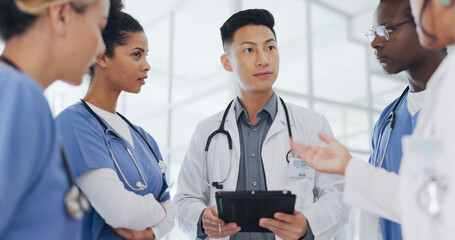 Poster - Asian doctor, nurses and tablet in meeting, surgery planning or low angle feedback in research hospital. Talking, diversity and healthcare people on technology, teamwork and leadership collaboration
